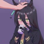  1girl 1other ahoge animal_ears black_coat black_gloves black_hair blush coat coffee_mug collared_shirt commentary covering_own_mouth cup dyed_ahoge ear_tag english_commentary gloves gradient_background hair_between_eyes hands_up highres holding holding_cup horse_ears horse_girl horse_tail long_bangs long_hair long_hair_between_eyes long_sleeves manhattan_cafe_(creeping_shadow)_(umamusume) manhattan_cafe_(umamusume) motion_lines mug multicolored_hair necktie open_clothes open_coat petting purple_background shirenai shirt signature simple_background star_(symbol) star_print tail umamusume upper_body white_hair yellow_eyes yellow_necktie 