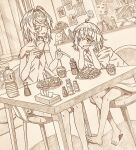  2girls :3 :d ahoge ange_katrina ange_katrina_(loungewear) bare_legs barefoot blush breakfast breasts chair chopsticks commentary_request crossed_bangs cup dot_nose drink drinking_glass dutch_angle elbow_blush elbow_rest erlenmeyer_flask eye_contact fang flask flower food food_request graphite_(medium) hair_intakes hands_on_own_cheeks hands_on_own_face hands_up head_rest holding holding_chopsticks indoors knee_blush lace-trimmed_camisole lace_trim long_shirt looking_at_another loungewear mandragora_(ange_katrina) medium_hair monochrome morning multiple_girls nijisanji noharano on_chair open_mouth paper_texture plastic_bottle plate pointing_at_food round_eyewear sasaki_saku sepia shirt short_sleeves shoulder_blush sitting small_breasts smile spot_color strap_slip t-shirt table tissue_box traditional_media virtual_youtuber 