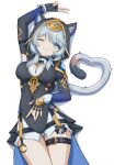  1girl ;) absurdres animal_ears animal_hood black_leotard blue_eyes breasts cat_ears cat_girl cat_hood cat_tail chinese_commentary cipher_(honkai:_star_rail) commentary_request fingerless_gloves gloves grey_hair highres honkai:_star_rail honkai_(series) hood hooded_leotard large_breasts leotard looking_at_viewer one_eye_closed short_hair_with_long_locks shorts simple_background smile solo tail thighs white_background white_shorts xhlllii 