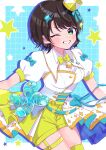  1girl absurdres blue_background blue_hair blush border brown_hair closed_mouth commentary hair_ornament highres hololive hololive_dreams hololive_idol_uniform_(color_rise) long_hair looking_at_viewer official_alternate_costume one_eye_closed oozora_subaru oozora_subaru_(radiant_soul_jam) shirt short_hair shorts smile solo star_(symbol) star_hair_ornament thigh_strap thighhighs user_nkum4425 very_long_hair virtual_youtuber white_border white_shirt yellow_shorts yellow_thighhighs 
