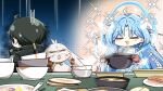  1boy 1girl abby_(wuthering_waves) ahoge black_gloves black_hair blue_hair bowl closed_eyes commentary_request cooking_pot earrings fiery_horns full_stomach gloves highres holding holding_cooking_pot horns jewelry korean_commentary long_hair male_rover_(wuthering_waves) open_mouth oven_mitts plate qingxiao_(wuthering_waves) rover_(wuthering_waves) smile sparkle sparkling_aura split_theme windy_(jazz9207) wuthering_waves 