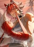  1boy abs absurdres animal_ear_fluff animal_ear_piercing animal_ears bandaged_arm bandages belt black_gloves black_hair clenched_hand clenched_teeth collar collarbone colored_bangs commentary_request crossed_bangs dog_boy dog_ears dog_tail fingerless_gloves gloves highres jewelry kizumi_(kizumi_tbdi1011) komano_manato male_focus multicolored_hair multiple_scars muscular muscular_male necklace outdoors pectorals red_bandage red_eyes red_hair scar scar_across_eye scar_on_chest scar_on_face scar_on_shoulder shirt short_hair single_fingerless_glove single_glove solo tail teeth two-tone_hair upper_body white_shirt zenless_zone_zero 
