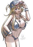  1girl anchor_necklace baseball_cap bikini blonde_hair blue_eyes blue_hat breasts cowboy_shot dated hand_on_own_hip hat highres iowa_(kancolle) iowa_(swimsuit)_(kancolle) jewelry kantai_collection large_breasts multicolored_bikini necklace one-hour_drawing_challenge ron_(pixiv83091338) signature simple_background solo star-shaped_pupils star_(symbol) striped_bikini striped_clothes swimsuit symbol-shaped_pupils twitter_username two-tone_bikini white_background wristband 