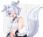  1girl :d absurdres aqua_eyes armpit_crease blush bra_strap breasts commentary cross-shaped_pupils elira_pendora elira_pendora_(wolf) english_commentary fangs fur-trimmed_jacket fur_trim grey_hair hair_over_one_eye head_wings highres jacket looking_at_viewer medium_breasts midriff nijisanji nijisanji_en off_shoulder short_hair simple_background smile solo symbol-shaped_pupils tail virtual_youtuber white_background wings wolf_cut wolf_tail zenniith 