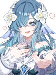  1girl aqua_hair bare_shoulders blue_eyes blush collar detached_collar detached_sleeves dress fins flower foreshortening genshin_impact hair_flower hair_intakes hair_ornament hair_over_one_eye head_fins heart highres long_hair open_mouth reaching reaching_towards_viewer sidelocks simple_background smile solo susukeya twitter_username upper_body vodyanitsa_(genshin_impact) white_background white_collar white_dress white_flower white_sleeves 