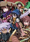  1boy 4girls alternate_color armor belt black_armor blue_sky braid brown_belt brown_hair buckler character_request closed_mouth commentary_request dancer_(sekaiju) dancer_2_(sekaiju) dark-skinned_male dark_skin fuurai_(sekaiju) fuurai_2_(sekaiju) green_eyes grey_hair hair_between_eyes hoku holding holding_shield looking_at_viewer medic_(sekaiju) medic_2_(sekaiju) multiple_girls open_mouth orange_pants pants plaid_clothes plaid_skirt red_background sekaiju_no_meikyuu sekaiju_to_fushigi_no_dungeon shield short_hair skirt sky smile standing swordsman_(sekaiju_4) swordsman_4_(sekaiju_4) teeth test_tube twin_braids twintails upper_teeth_only v-shaped_eyebrows 