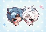  2boys absurdres angert_(infinity_nikki) blue_background blue_eyes blue_hair blue_horns braid brown_headband chibi chinese_commentary circlet commentary_request crescent crescent_necklace dark-skinned_male dark_skin dragon_boy dragon_horns dragon_tail ear_piercing earrings expressionless halftone halftone_background happy headband heads_together heart highres horns infinity_nikki jewelry leishedengdengdengdengdengdeng light_blush long_hair looking_at_viewer lower_teeth_only male_focus meghill_(infinity_nikki) multiple_boys multiple_earrings necklace nikki_(series) one_eye_closed open_mouth outline parksolian_(infinity_nikki) parted_bangs piercing pointy_ears polka_dot polka_dot_background short_hair short_hair_with_long_locks side_braid single_braid smile sparkle tail teeth very_long_hair white_hair white_outline 
