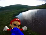  1boy arms_up blue_overalls brown_hair closed_eyes commentary english_commentary facial_hair field flower gloves grass hat highres hill lake long_sleeves lying male_focus mario mario_(series) mustache noubodying on_back outdoors outstretched_arms overalls red_hat red_shirt shirt short_hair sideburns sky solo super_mario_64 very_short_hair water white_flower white_gloves 