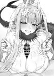  1boy 1girl absurdres bar_censor bikini bikini_top_only biscione_(fate) biscione_(swimsuit_caster)_(third_ascension)_(fate) biscione_(third_ascension)_(fate) blush breasts breasts_squeezed_together censored cleavage commentary_request crown dragon_girl dragon_horns dragon_tail fate/grand_order fate_(series) flower-trimmed_bikini flower-trimmed_bra fur_collar gem greyscale highres horns huge_breasts jewelry monochrome motion_lines penis ring scales swimsuit tail thumb_ring veil very_long_tail watosu 
