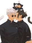  2boys absurdres animal_ears black_jacket blue_eyes cat_ears cat_tail chibi earrings geto_suguru gojo_satoru hair_bun highres jacket jewelry jujutsu_kaisen kemonomimi_mode kiss licking licking_another's_face long_sleeves male_focus multiple_boys rizurin round_eyewear short_hair sunglasses tail white_hair yaoi 