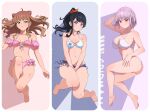  3girls :o absurdres aqua_bikini averting_eyes bare_shoulders barefoot bikini black_hair blue_bikini blue_eyes blush breasts brown_hair cleavage closed_mouth commentary covered_collarbone covering_privates criss-cross_straps double_bun frilled_bikini frills green_eyes gridman_universe gridman_universe_(movie) hair_bun hands_on_own_thighs high_ponytail highleg highleg_bikini highres large_breasts layered_bikini logo long_hair looking_at_viewer medium_breasts minami_yume multicolored_bikini multiple_girls navel official_alternate_costume open_mouth orange_scrunchie pingfan_de_mao ponytail purple_hair red_eyes scar scar_on_leg scrunchie shinjou_akane short_hair side-tie_bikini_bottom simple_background smile ssss.dynazenon ssss.gridman stomach string_bikini swept_bangs swimsuit takarada_rikka thighs untranslatable_commentary white_bikini 