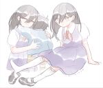  01101000 1boy 1girl brother_and_sister commentary english_commentary hug mari_(faraway)_(omori) mari_(omori) mary_janes omori shoes siblings sitting smile socks sunny_(omori) sweater 