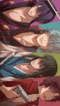  2_loji 4boys absurdres black_hair brown_hair bug closed_mouth flower gintama grin gun hair_between_eyes handgun highres holding holding_gun holding_weapon japanese_clothes katsura_kotarou kimono long_hair looking_at_viewer male_focus multiple_boys one_eye_closed open_mouth parted_lips purple_hair rose sakamoto_tatsuma sakata_gintoki short_hair sideways smile takasugi_shinsuke teeth upper_body weapon white_hair 