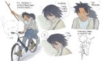  2boys absurdres aged_down bicycle black_eyes black_hair black_socks blue_pants blush_stickers brown_shoes chibi chinese_text chirp_co2 closed_eyes commentary_request crescent_print false_memory grey_jacket guan_chao_(false_memory) guan_chao_(teenager)_(false_memory) hair_between_eyes he_mingshuo head_on_another's_back high_tops highres holding holding_stick hug jacket male_focus medium_hair multiple_boys multiple_views on_bicycle open_clothes open_jacket open_mouth pants pants_rolled_up print_jacket riding riding_bicycle school_uniform shirt shoelaces shoes short_hair simple_background simplified_chinese_text sleeping sleepy sleeves_rolled_up smile sneakers socks speech_bubble spiked_hair squeans stick sweatdrop sword_print thought_bubble track_jacket translated white_background white_shirt white_shoes wing_print yaoi 