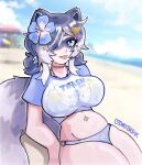  1girl 3am :p animal_ears beach bikini blue_bikini blue_eyes blue_flower blue_hair blue_shirt blue_tail breasts day dirtbashr fang fang_out flower hair_flower hair_ornament hair_over_one_eye highres large_breasts looking_at_viewer navel_piercing outdoors piercing raccoon_ears raccoon_girl raccoon_tail shirt snuffy_(swimsuit)_(vtuber) snuffy_(vtuber) star_(symbol) star_hair_ornament swimsuit tail thick_thighs thighs tongue tongue_out two-tone_shirt virtual_youtuber white_shirt 