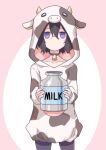  1girl animal_costume bell black_thighhighs cow_costume glasses highres holding holding_jar hood hood_up jar levana_violette_(lusan666) long_sleeves lusan666 milk neck_bell original purple_eyes solo thighhighs 