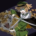  1girl black_cape blonde_hair cape commentary_request cowboy_shot crossed_swords daiba_nana dual_wielding fur-trimmed_cape fur_trim gloves green_eyes green_jacket highres holding holding_sword holding_weapon jacket katana long_sleeves looking_at_viewer open_mouth shade short_hair shoujo_kageki_revue_starlight solo standing supuring sword tiger two_side_up v-shaped_eyebrows weapon white_gloves 