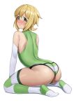  1girl akatsuki_kirika ass blonde_hair blush breasts elbow_gloves from_behind gloves green_eyes green_leotard green_thighhighs leotard looking_at_viewer looking_back medium_breasts senki_zesshou_symphogear shiny shiny_hair shiny_skin short_hair sitting solo striped striped_thighhighs thighhighs tsukamoto_kensuke wavy_mouth white_background 