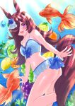  1girl absurdres animal_ears bare_shoulders bikini blue_flower blue_rose blush breasts brown_hair commentary_request fish flipped_hair flower food fruit hair_over_one_eye highres horse_ears horse_girl horse_tail lemon lime_(fruit) long_hair looking_at_viewer navel open_mouth orange_(fruit) purple_eyes rice_shower_(umamusume) rose small_breasts smile solo stomach suzuto_(mimoria) swimsuit tail umamusume white_bikini 
