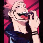  1boy black_nails collared_shirt extra_eyes facial_mark fangs finger_in_own_mouth fingernails highres jujutsu_kaisen looking_at_viewer open_mouth pillarboxed pink_hair red_eyes ryoumen_sukuna_(jujutsu_kaisen) sharp_fingernails shirt short_hair solo spiked_hair ten_ten_10_10 tongue tongue_out 
