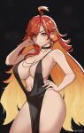 1girl absurdres areola_slip bare_shoulders black_background blonde_hair blush breasts cleavage commentary dress english_commentary genshin_impact gradient_hair highres hioyami large_breasts long_hair looking_at_viewer mavuika_(genshin_impact) multicolored_hair navel orange_eyes pelvic_curtain red_hair smile solo thighs 