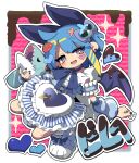  1girl absurdres blonde_hair blue_hair border chocolate commentary_request datemegane demon_girl demon_wings duel_monster full_body highres holding holding_stuffed_toy lil-la_(yu-gi-oh!) live_twin_lil-la live_twin_lil-la_sweet pink_background purple_eyes solo stuffed_animal stuffed_shark stuffed_toy virtual_youtuber white_border wings yu-gi-oh! 