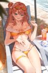  1girl :d aqua_eyes aqua_nails azarashii_(igarashi_rika) bare_shoulders beach bikini blush bow breasts chair commentary crazy_straw day drinking_straw ear_chain ear_piercing earrings eyewear_on_head fangs frilled_bikini frills glass hair_between_eyes hair_bow hair_ornament hairclip halterneck hand_on_own_stomach highres horo_27 igarashi_rika jewelry large_breasts linked_piercing long_hair looking_at_viewer mole mole_on_breast multi-strapped_bikini_bottom multicolored_hair nail_polish navel necklace nijisanji o-ring o-ring_thigh_strap off-shoulder_bikini off_shoulder on_chair open_mouth orange_hair piercing shade signature sitting smile solo stomach strap_pull streaked_hair stud_earrings summer sunglasses sweat swimsuit thigh_strap virtual_youtuber wet white_streaks 