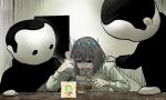  >_< 1boy 2others arthropod_boy arthropod_limbs blank_room_soup bowl commentary_request crown crying diamond_hairband door dragonfly_wings eating fate/grand_order fate_(series) food grey_hair highres holding holding_ladle indoors insect_wings ladle long_sleeves male_focus mascot_costume medium_hair meme multiple_others oberon_(fate) oberon_(third_ascension)_(fate) rayray shirt snm_aaa table white_shirt wings 