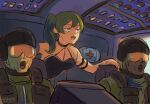  1girl 2boys arm_strap assault_visor bare_shoulders black_choker black_dress black_helmet choker cockpit dated double-parted_bangs dress first_aid_kit flight_suit green_hair halo_(series) halo_2 health_pack helmet highres kanokoga leaning_forward long_hair marine_(halo) multiple_boys open_mouth orange_assault_visor pelican_(halo) pilot pilot_helmet pouch purple_eyes scene_reference shouting side_ponytail signature sousou_no_frieren switch ubel_(sousou_no_frieren) upper_body 