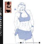  1girl abs bare_shoulders breasts commentary confused crop_top english_commentary highres medium_breasts muscular muscular_female photo-referenced ponytail reference_inset reiyuu_ii rwby solo_focus speech_bubble sweat watch white_hair winter_schnee 
