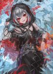 1girl absurdres bandaid bandaid_on_arm bandaid_on_face black_dress black_gloves colored_inner_hair commentary_request dress gloves grey_hair hai_bokusha hair_ornament highres hood hood_up lying mahou_shoujo_no_majo_saiban multicolored_hair red_eyes red_hair shito_alisa short_hair single_glove solo sweatdrop water x_hair_ornament 