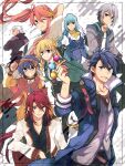  4boys 4girls aaron_wei agnes_claudel aramis_high_school_uniform blonde_hair blue_coat blue_eyes blue_hair braid braided_base bun_with_braided_base coat collared_shrug eiyuu_densetsu feri_al-fayed grey_hair group_picture hair_between_eyes hair_bun hair_slicked_back headband highres jacket judith_lanster kuro_no_kiseki_(series) kuro_no_kiseki_i long_hair long_single_sidelock looking_at_viewer low_ponytail mullet multicolored_hair multiple_boys multiple_girls one_eye_closed open_mouth ponytail print_jacket quatre_salision red_hair risette_twinings satsuki_(chaosmode) school_uniform shrug_(clothing) simple_background smile two-tone_hair van_arkride 