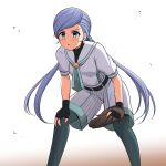  1girl ascot asymmetrical_bangs barkhorn0331 baseball_mitt baseball_uniform belt black_belt black_gloves black_shirt blue_eyes cinderella_series commentary_request fingerless_gloves gloves green_ascot green_pantyhose grey_hair hachigatsu_no_cinderella_nine hand_on_own_knee highres leaning_forward long_hair onizuka_kiri pantyhose sailor_collar shirt shirt_under_shirt short_sleeves shorts solo sportswear sweat twintails white_sailor_collar white_shirt white_shorts 
