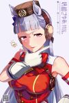  1girl absurdres animal_ears armband blunt_bangs blush bow breasts brown_hat commentary dress ear_bow ear_ribbon gloves gold_ship_(red_strife)_(umamusume) gold_ship_(umamusume) grey_hair hat highres horse_ears horse_girl large_breasts light_bulb long_hair looking_at_viewer parted_lips pillbox_hat purple_eyes red_bow red_dress sayuasakura sleeveless sleeveless_dress solo striped_armband striped_clothes umamusume white_gloves 
