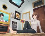  1girl barefoot bob_cut bookshelf brown_hair calendar_(object) cellphone clock commentary door food indoors omelet omurice original phone purple_eyes short_hair sitting smartphone smile solo sweater television turtleneck turtleneck_sweater yajirushi_(chanoma) 