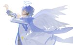  1boy anew_lizij angel angel_wings arms_up black_shirt blue_hair blue_scarf blue_trim closed_eyes coat commentary cowboy_shot floating_clothes floating_hair halo headset highres holding kaito_(vocaloid) kaito_(vocaloid3) long_sleeves male_focus parted_bangs profile scarf shirt short_hair simple_background sleeve_cuffs solo vocaloid white_background white_coat wings 