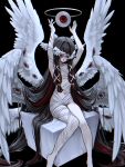  1girl absurdly_long_hair absurdres ange_(ange6785) angel arms_up bandages black_hair blindfold breasts chromatic_aberration closed_eyes colored_inner_hair columbina_(genshin_impact) commentary disembodied_eye feet_out_of_frame flat_chest genshin_impact hair_ornament head_wings highres long_hair multicolored_hair multiple_wings naked_bandage navel red_hair sidelocks sitting small_breasts solo two-tone_hair very_long_hair wings x_hair_ornament 