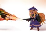  1girl black_frost blonde_hair blue_coat blue_eyes blue_hat buttons character_hat_ornament coat collared_shirt commentary_request creature fire flamethrower full_body fur-trimmed_coat fur-trimmed_collar fur-trimmed_headwear fur_trim green_shirt gunner_(sekaiju) gunner_2_(sekaiju) hat hoku holding holding_flamethrower holding_weapon legs_apart long_hair mandrake_(sekaiju) open_mouth pom_pom_(clothes) sekaiju_no_meikyuu sekaiju_no_meikyuu_2 shadow shirt sidelocks smile weapon white_background 