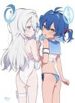  2girls antenna_hair ass bikini blue_archive blue_bikini blue_eyes blue_hair blue_halo blue_sailor_collar colored_eyelashes colored_inner_hair commentary_request criss-cross_halter crop_top cropped_shirt detached_collar fang flat_ass food food_on_face furrowed_brow hair_between_eyes hair_bobbles hair_intakes hair_ornament halo halterneck highleg highleg_one-piece_swimsuit highres holding holding_ice_cream_cone ice_cream ice_cream_cone ice_cream_spoon long_hair looking_at_viewer looking_back lowleg lowleg_bikini makina_(blue_archive) multicolored_eyes multicolored_hair multiple_girls one-piece_swimsuit open_mouth orca_hair_ornament pouch sailor_collar sayuri_(blue_archive) see-through_clothes see-through_shirt shirt side-tie_bikini_bottom simple_background skin_fang spoon standing swimsuit tan thigh_pouch translation_request turning_head two_side_up white_background white_eyelashes white_hair white_one-piece_swimsuit x_hair_ornament yellow_eyes ymm007xx 