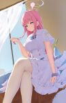  1girl absurdres angel_wings blue_archive blush breasts commentary dress feathered_wings flower hair_bun hair_ornament halo highres hoshinoan large_breasts long_hair looking_at_viewer low_wings mika_(blue_archive) pantyhose pink_hair pink_halo single_side_bun smile solo white_pantyhose white_wings wing_ornament wings yellow_eyes 