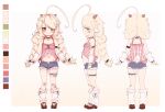  bell blonde_hair blue_shorts blush border braid brown_shoes closed_mouth collar frilled_collar frilled_thigh_strap frills goat_horns goat_tail green_eyes highres horns indie_virtual_youtuber kirari_yagi long_hair loose_socks low_twin_braids midriff navel neck_bell official_art reference_sheet rhymeruru shoes shorts sleeveless smile socks tail thigh_strap twin_braids white_border 