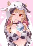  1girl animal_costume bell bikini blonde_hair breasts closed_eyes cow_costume cow_girl cow_horns drinking highres hood hood_up horns kateil_(lusan666) lusan666 medium_breasts milk_carton navel neck_bell one_eye_closed orange_eyes original stomach swimsuit 