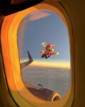  1boy airplane_interior airplane_wing blue_eyes blue_overalls blue_sky brown_shoes commentary english_commentary facial_hair flying hat head_wings highres long_sleeves male_focus mario mario_(series) mustache noubodying outdoors outstretched_arms overalls red_hat red_shirt shirt shoes short_hair sideburns sky solo super_mario_64 very_short_hair window wing_cap wings 
