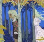  1girl absurdres animal_ears antlers blonde_hair checkered_clothes checkered_sweater_vest checkered_vest crying crying_with_eyes_open deer_antlers deer_ears deer_girl deer_tail deltarune dress forest freckles furry furry_female highres horns lace_trim leaf morinokunika nature noelle_holiday noelle_holiday_(dark_world) red_nose reindeer_girl sweater_vest tail tears tree utdr_(toby_fox) vest white_dress 
