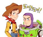  2boys animal_print brown_hair buzz_lightyear commentary_request cow_print cowboy cowboy_hat hat korean_text long_sleeves looking_at_viewer male_focus multiple_boys nhbzzdy sheriff_woody shirt short_hair simple_background smile spacesuit toy_story translation_request white_background 