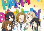  5girls :t absurdres akiyama_mio arm_behind_head black_hair blonde_hair blush brown_hair closed_eyes closed_mouth commentary_request confetti food gradient_background grin hair_ornament hairband hairclip hands_up happy_birthday highres hirasawa_yui holding holding_food jitome k-on! kotobuki_tsumugi long_hair multiple_girls nakano_azusa odenyarou open_mouth sakuragaoka_high_school_uniform school_uniform short_hair smile tainaka_ritsu teeth thick_eyebrows upper_body upper_teeth_only v 