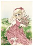  1970s_(style) 1girl blonde_hair blue_eyes bouquet bow braid dress feet_out_of_frame flower gingham_bow gingham_clothes gingham_dress hair_bow half_up_braid highres hill holding holding_bouquet holding_own_dress igarashi_yumiko long_hair looking_at_viewer mayme_angel mayme_warren official_art open_mouth outdoors painting_(medium) petticoat pinafore_dress puffy_sleeves red_bow red_dress red_flower retro_artstyle shirt side_braids sleeveless sleeveless_dress smile solo sparkle standing third-party_source traditional_media wavy_hair white_shirt 