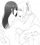  2girls between_legs blush breasts commentary_request eye_contact greyscale hair_ribbon hand_on_another's_shoulder hand_on_another's_thigh highres inoue_takina long_hair looking_at_another lycoris_recoil monochrome multiple_girls nishikigi_chisato off_shoulder one_side_up parted_lips ribbon shirt short_hair sweat tchai_covsky tears yuri 
