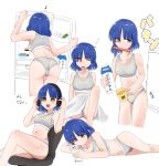  1girl ass blue_hair bocchi_the_rock! bra brown_eyes cellphone chair closed_eyes collarbone commentary_request contrabasswmt cup drink_carton eighth_note grey_bra grey_panties headphones highres holding holding_cup holding_drink_carton holding_milk_carton holding_phone lying medium_hair milk_carton mouth_hold multiple_views musical_note navel on_chair on_side one_eye_closed open_mouth panties phone refrigerator sitting sleepy smartphone spoken_musical_note squeans translation_request under_covers underwear underwear_only yamada_ryo 