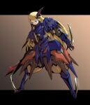  1girl armor baggy_pants blonde_hair blue_armor blue_eyes breastplate brown_background commentary_request drive_blade_(sekaiju) full_body gauntlets gradient_background hair_ornament highres hoku holding holding_sword holding_weapon imperial_(sekaiju) imperial_2_(sekaiju) legs_apart letterboxed long_hair pants pauldrons sekaiju_no_meikyuu sekaiju_no_meikyuu_4 shoulder_armor solo sword v-shaped_eyebrows weapon 